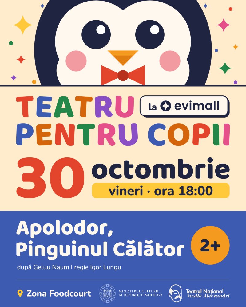 „Apolodor, Pinguinul Călător” — spectacol gratuit pentru copii la EVIMALL